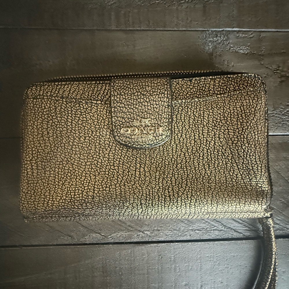 Coach Metallic Gold Wristlet wallet with zipper and hand strap